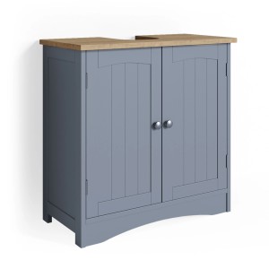 Vicco Waschbeckenunterschrank Bianco, grau, 60x60 cm, mit zwei Türen und Holzplatte.