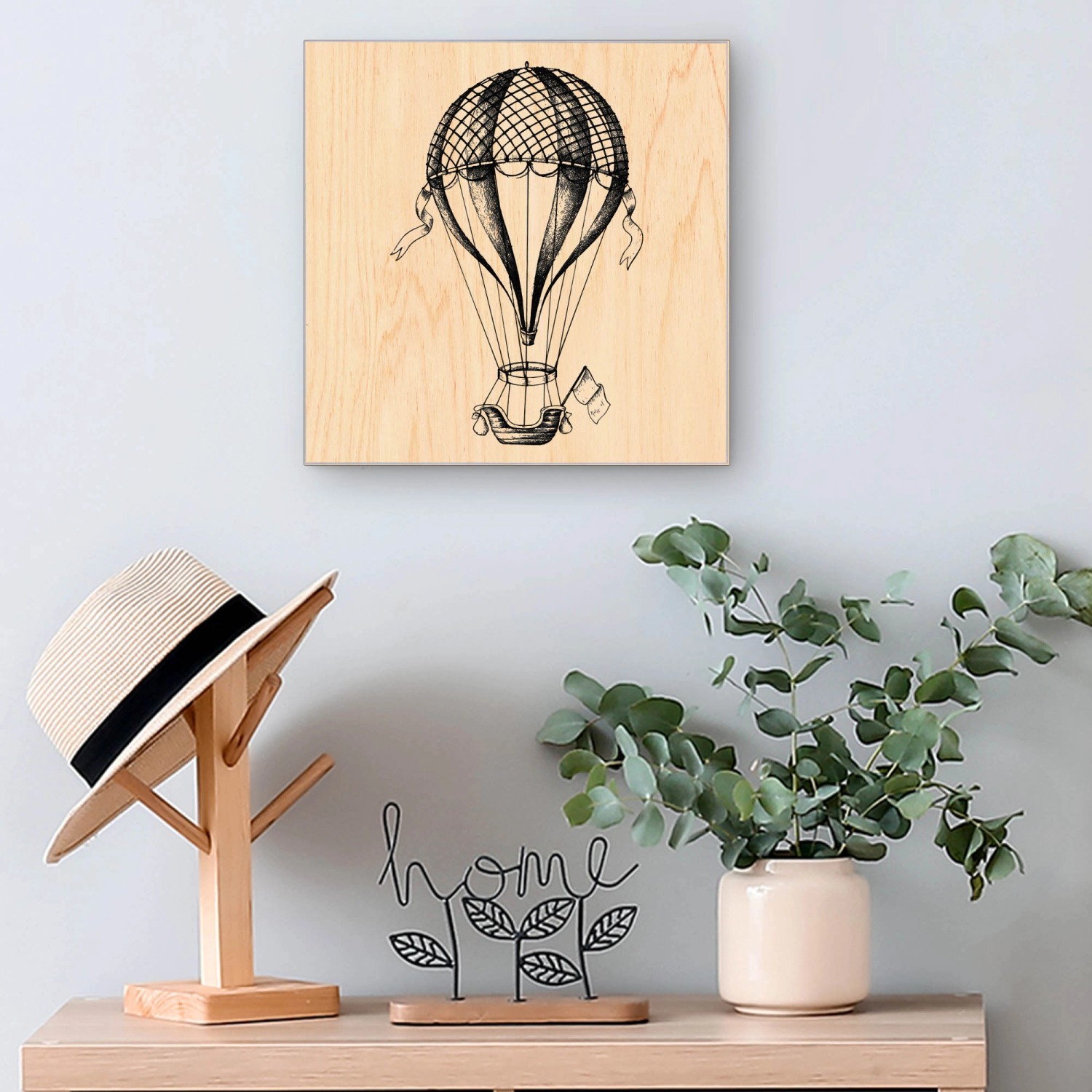 Banjado Schlüsselbox Holz, 30x30cm, weiß, mit Retro Heißluftballon Motiv und 50 Haken.