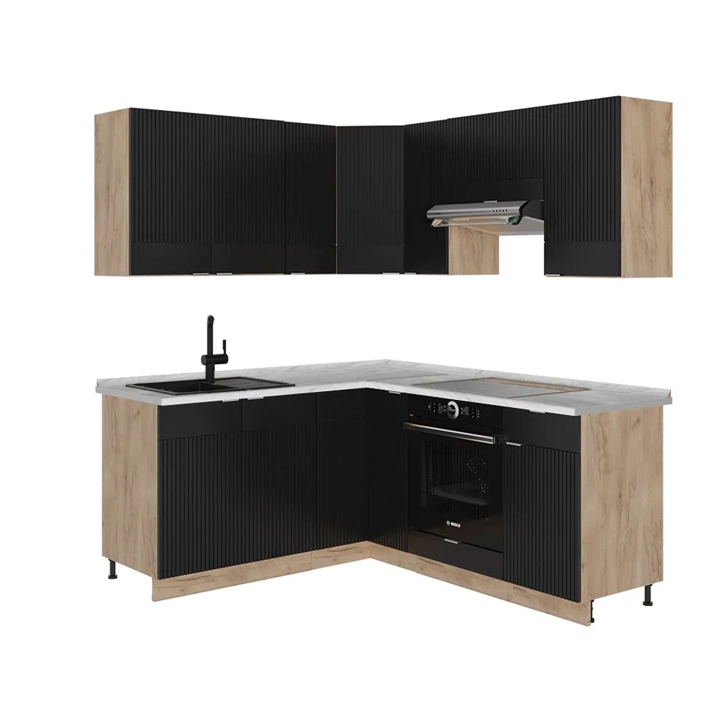 Vicco Fame-Line Eckküche Schwarz gestreift/Goldkraft Eiche 160 x 190 cm AP Marmor ohne E-Geräte