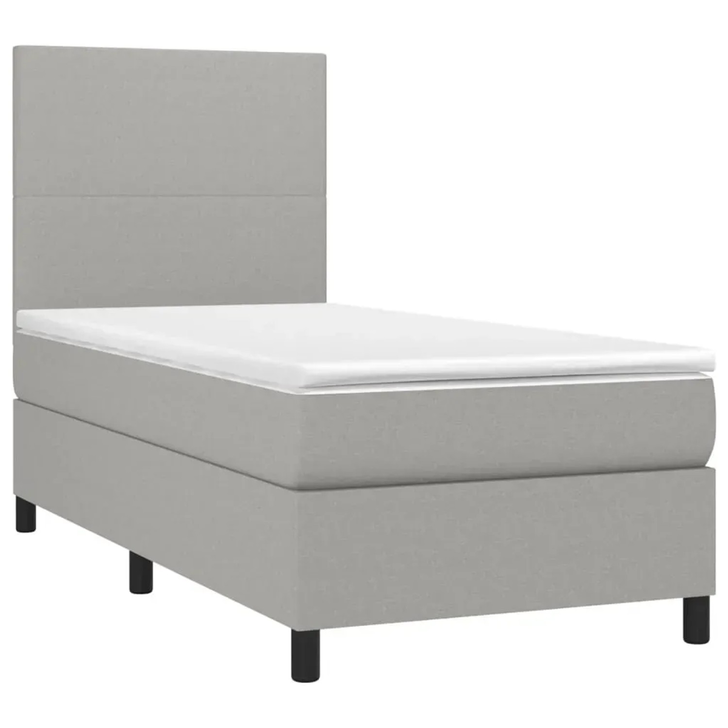 Helles Boxspringbett 90x190 cm mit Matratze und Kopfteil, Stoff hellgrau.