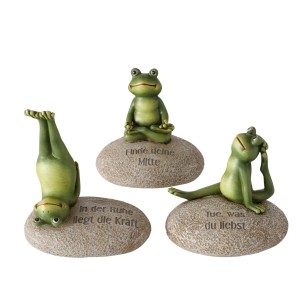 Boltze Yoga Figuren, 3-fach sortiert, Froschfiguren in Yoga-Posen auf Steinen, beige, 15cm.