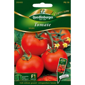 Samenpackung Quedlinburger Stab-Tomate Intakt mit roten Tomaten und gelben Blüten.