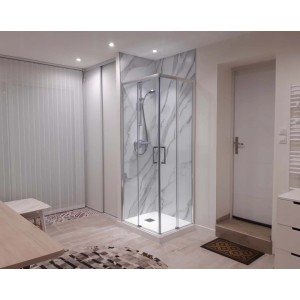 Frascio New Tecnology Duschkabine 65x90 mit Eckeinstieg und Marmor-Optik im Badezimmer.