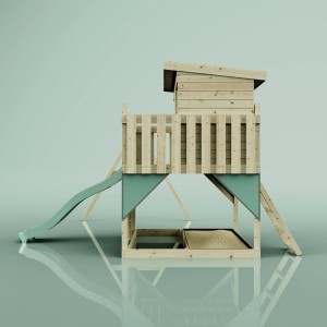 PolarPlay Spielturm Nils mit Schaukel und Rutsche, mintgrün. Holzspielturm für Kinder.