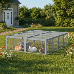 Graues PawHut Freilaufgehege aus Tannenholz mit Drahtgitter im Garten. Drei Kaninchen im geräumigen Auslauf.