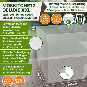 XXL Moskitonetz für Betten, Pavillons & Terrassen. Insektenschutz mit 3 Eingängen, 500x300x250 cm.