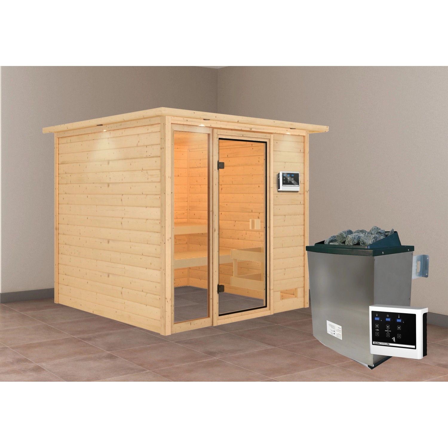 Karibu Sauna Jutta mit Ofen externe Stg.LED-Dachkranz Natur