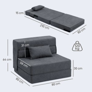 Dunkelgrauer HOMCOM 3-in-1 Schlafsessel als Sessel und Bett. Klappbares Schlafsofa mit Kissen, 120 kg Belastbarkeit.