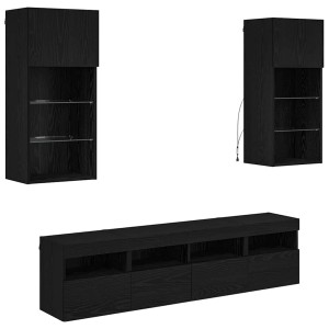 vidaXL Wohnwand, 5-teilig, Schwarz Eichen-Optik, mit LED-Beleuchtung. Lowboard und Hängeschränke.