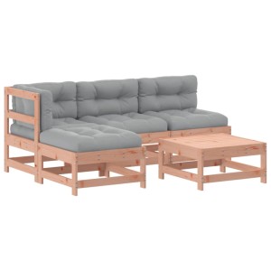 5-teiliges Garten Lounge Set aus Douglasie mit grauen Kissen.