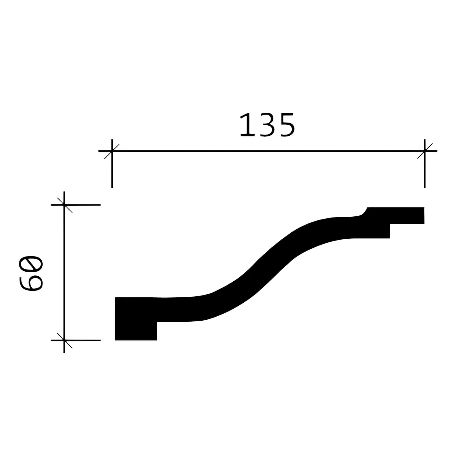 Profilansicht einer weißen PROFHOME Eckleiste (60x135mm) mit Maßangaben, Set mit 10 Stuckleisten.