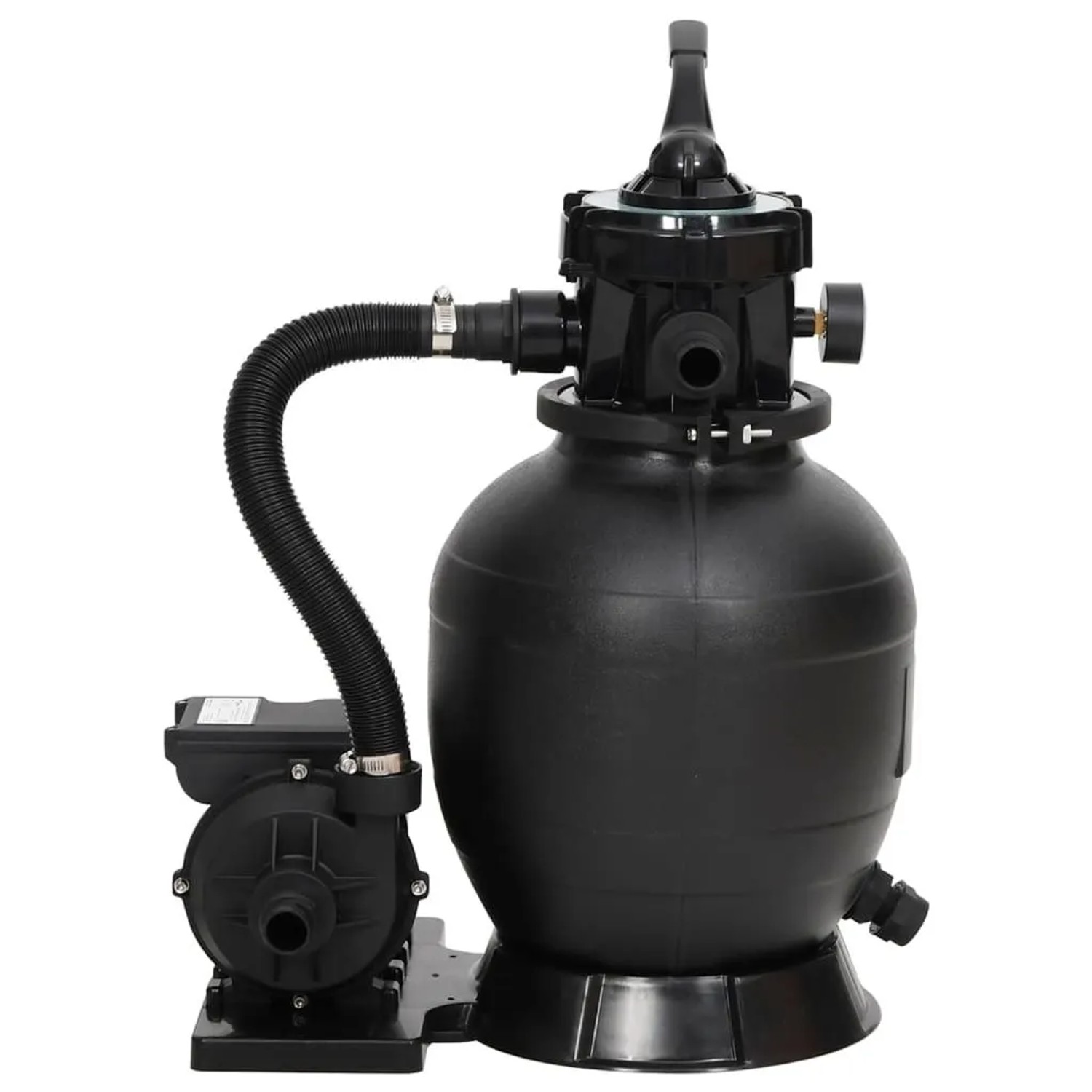 Schwarzer vidaXL Pool-Sandfilter mit Pumpe und 6-Wege-Ventil.