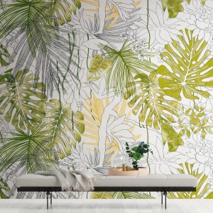 Fototapete Dschungel mit grünen, gelben und grauen Palmenblättern auf weißem Hintergrund.