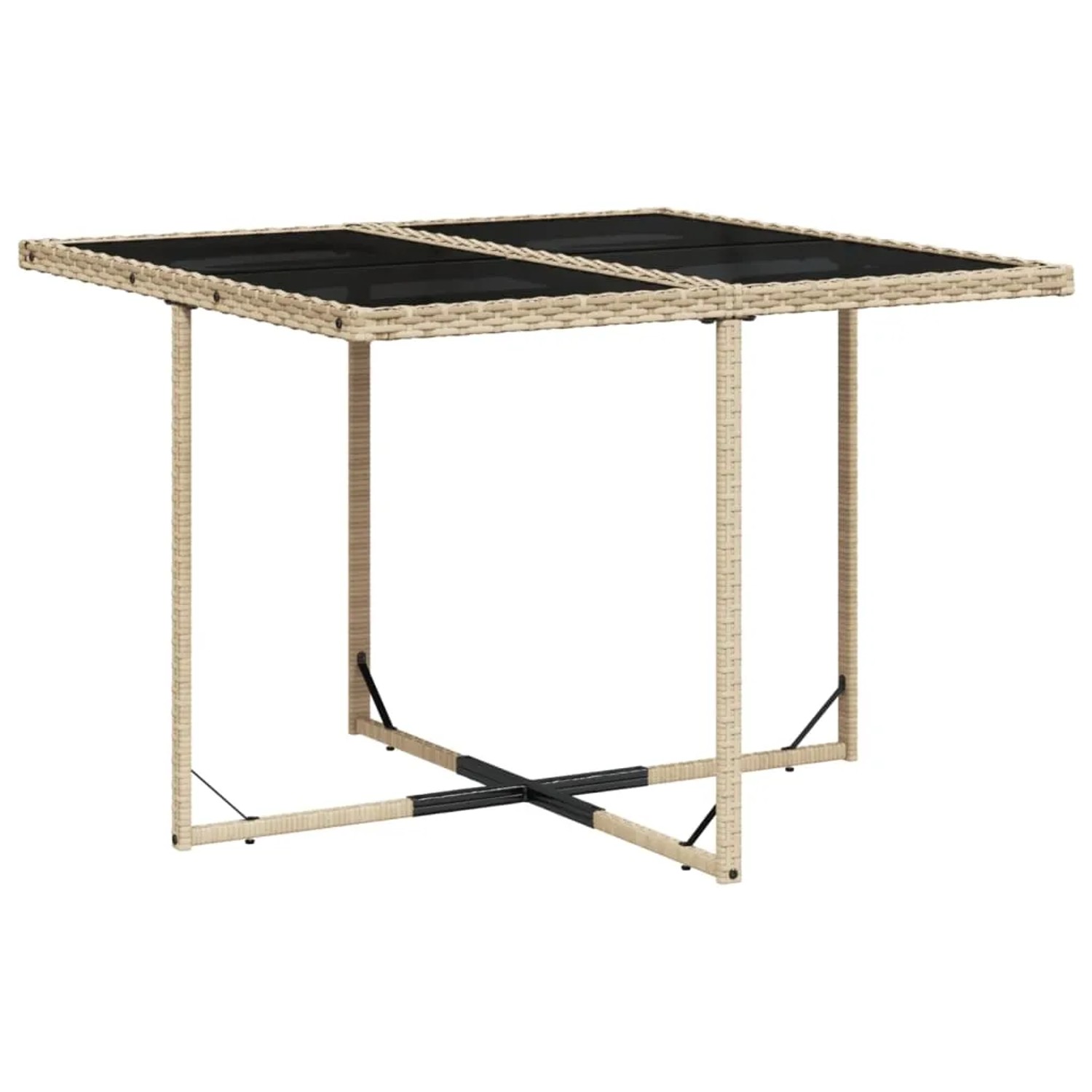 Quadratischer Gartentisch aus Polyrattan mit Glasplatte, Teil der 5-tlg. Essgruppe.