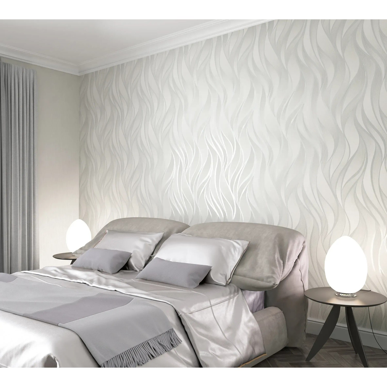 Beige Marburg Vliestapete Hailey mit grafischem Wellenmuster im Schlafzimmer.