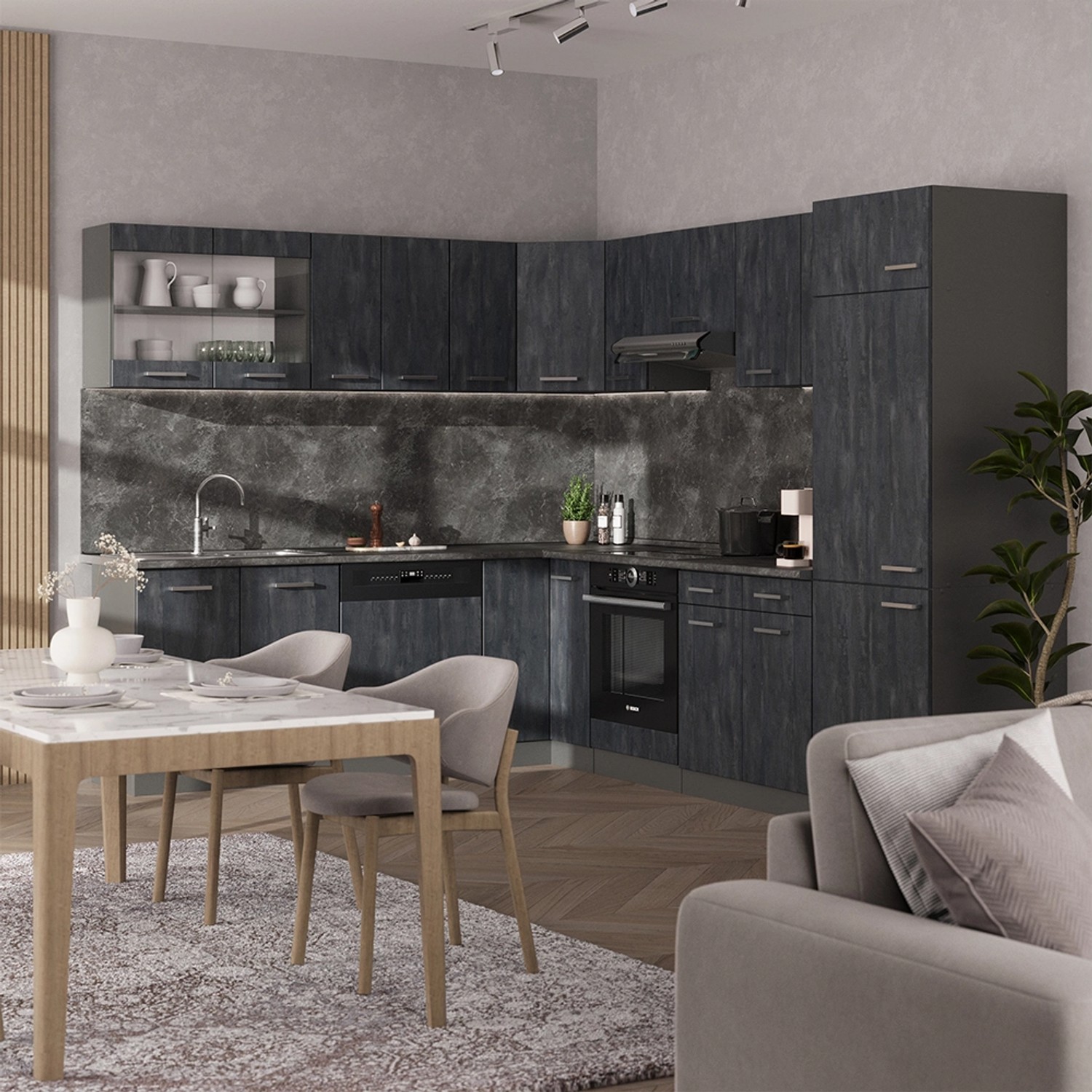 Moderne Vicco Einbauküche in L-Form, Schwarz Beton/Anthrazit, mit Arbeitsplatte und Elektrogeräten.