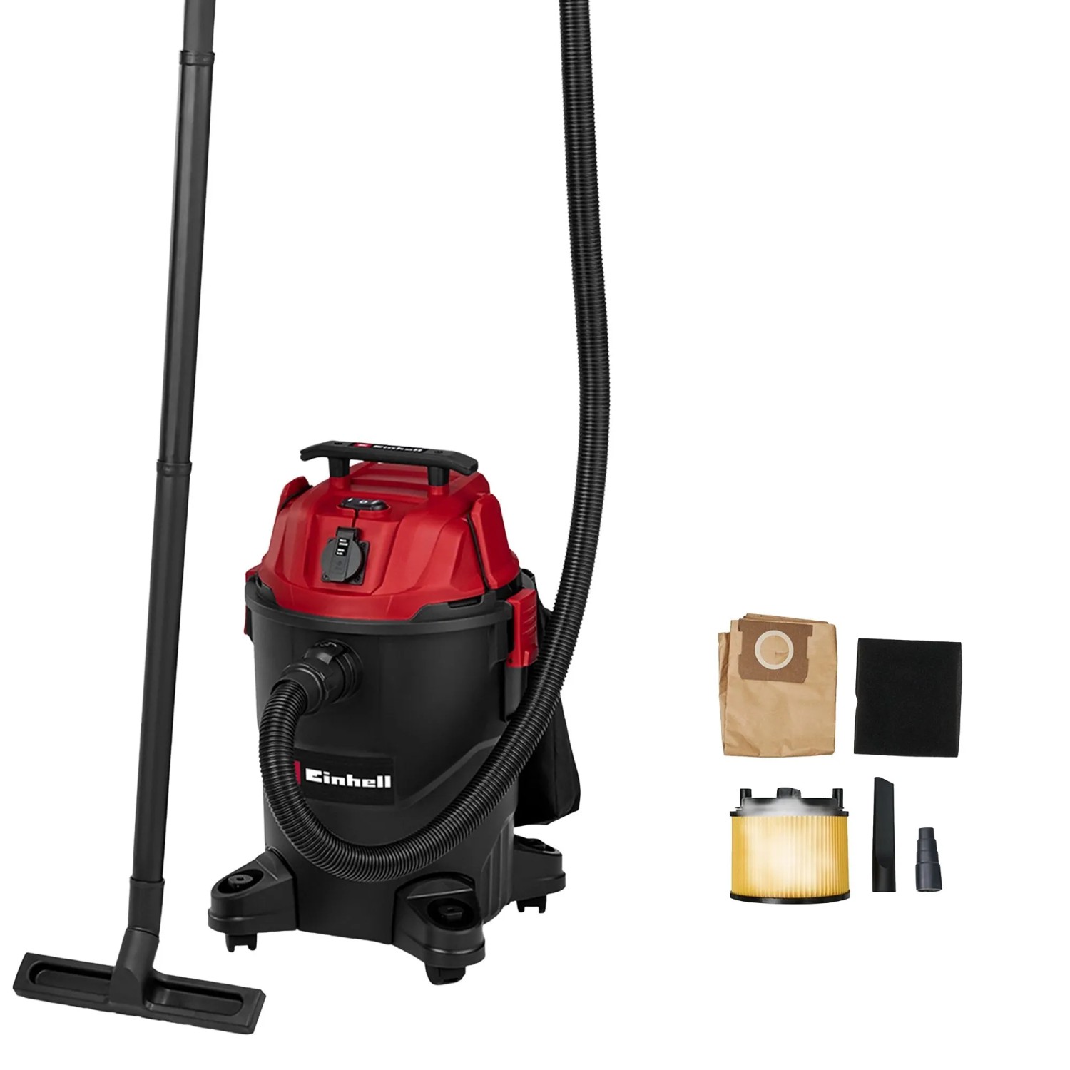 Einhell Nass-Trockensauger TC-VC 2555 A in Schwarz-Rot mit Zubehör.