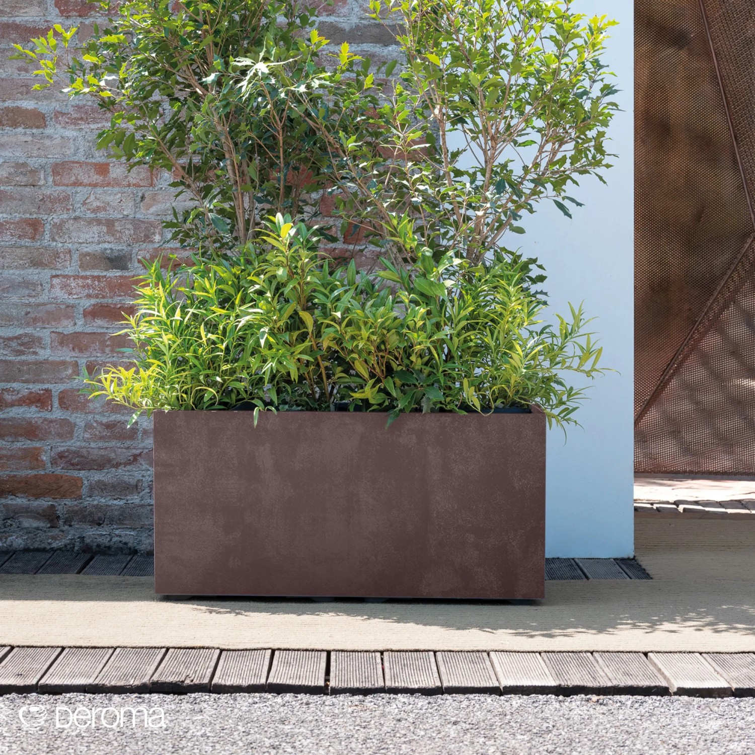 Brauner Deroma Pflanzkasten Millennium, 39x79x39 cm, mit Bepflanzung. Ideal für Garten und Terrasse.