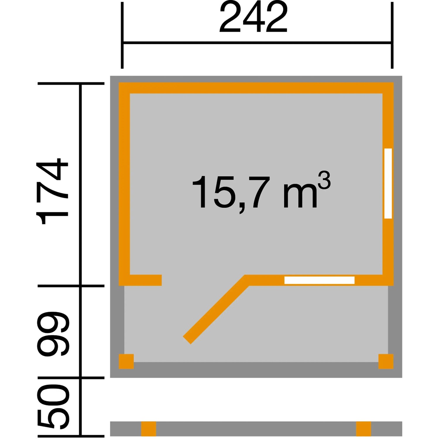 Grundriss weka Gartenhaus 820 A: 242x174 cm, 15,7 m³ Volumen, mit Theke und Sitzgelegenheit.