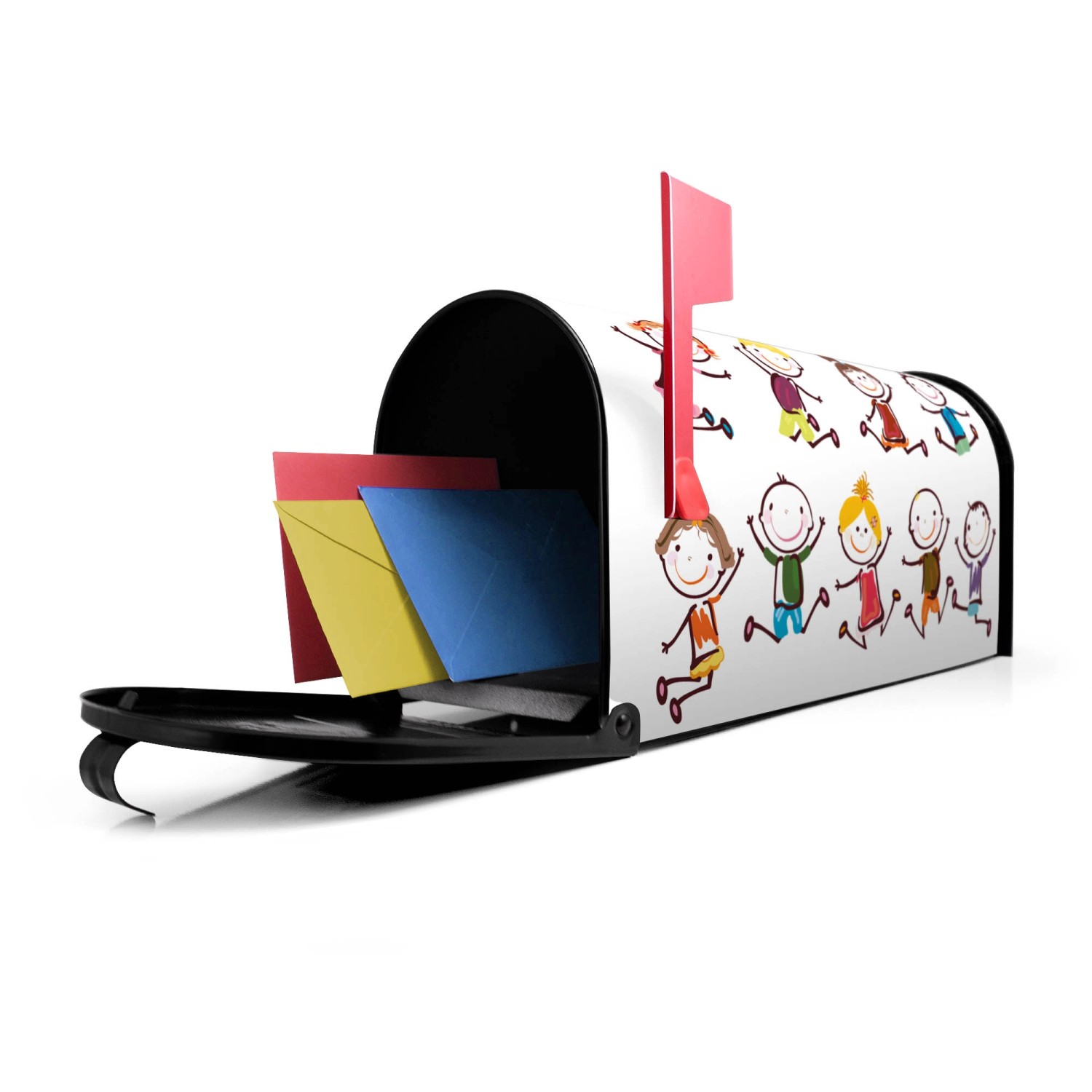 Schwarzer Banjado US Briefkasten mit Motiv Happy Kids, Briefe sichtbar.