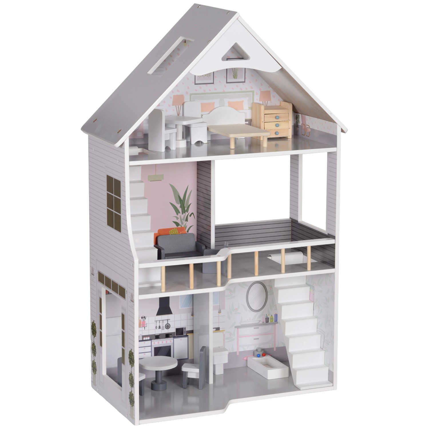 AIYAPLAY Puppenhaus  MDF Kiefernholz Grau 53,5L x 29,1 x 85,3H cm
