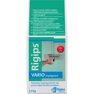 Rigips Fugenspachtel Vario Imprägniert, 2,5 kg, für Feuchtraumplatten. Grüne Spachtelmasse im Sack.