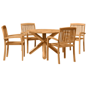 Braune 3-teilige Garten Essgruppe aus Akazienholz mit rundem Tisch und Stühlen.