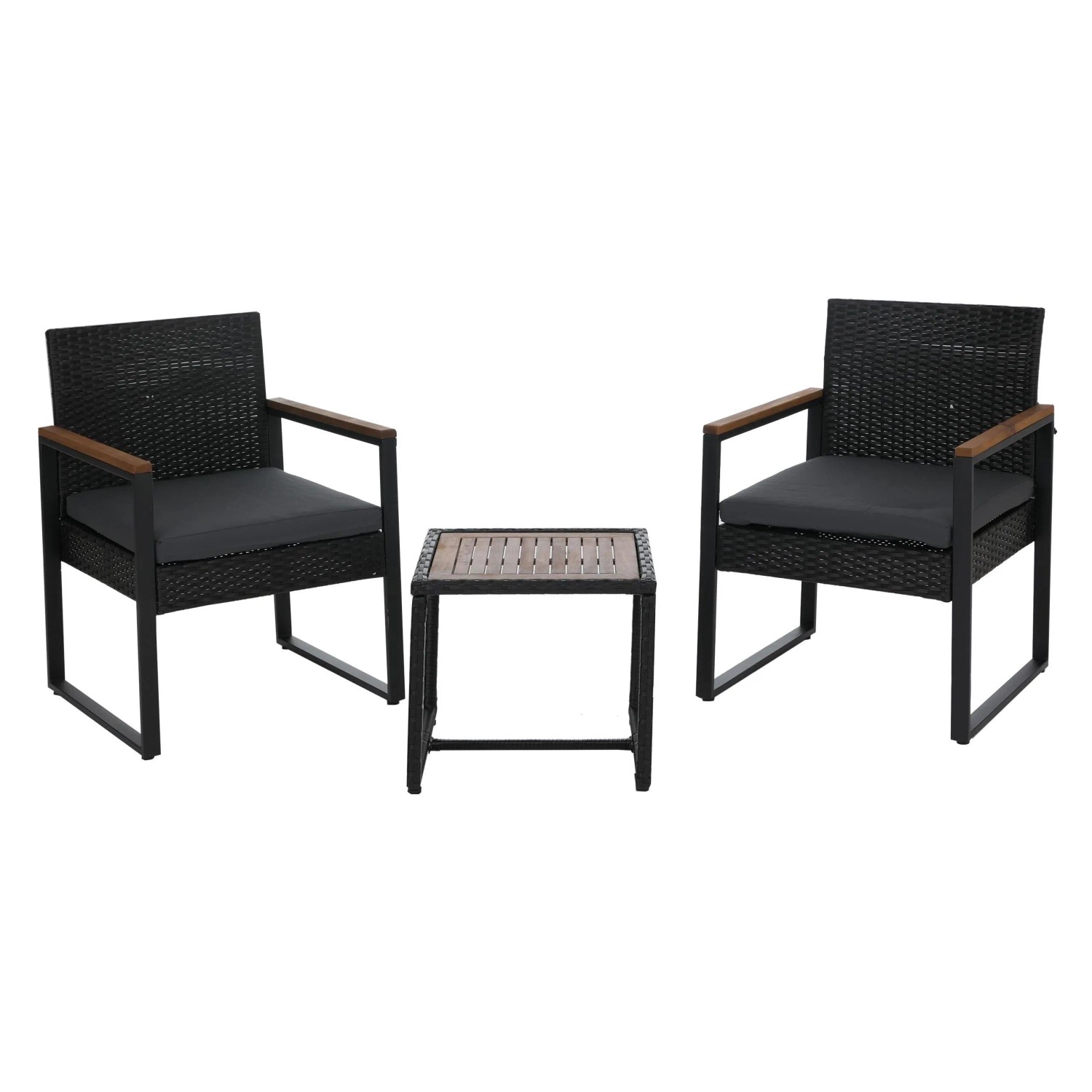 MCW Poly-Rattan Garnitur P74 Garten 2x Stuhl Tisch Akazie Holz Schwarz Polster Grau