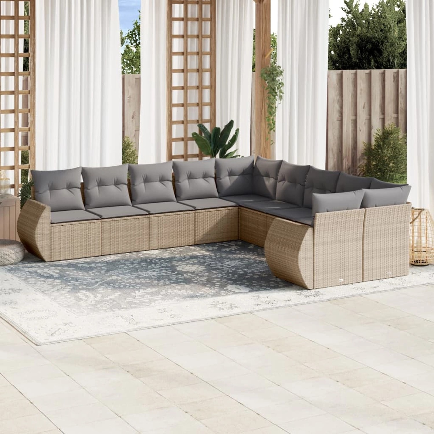 Beige 10-tlg. Garten-Sofagarnitur aus Poly Rattan mit grauen Kissen. Modulare Gartenmöbel für Terrasse und Garten.