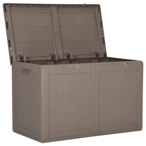 Geöffnete, braune VidaXL Garten-Aufbewahrungsbox (180 L) aus PP Rattan.