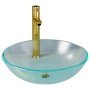 vidaXL Waschbecken-Set mit goldenem Wasserhahn und Ablaufgarnitur aus Glas.