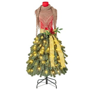 Künstlicher Weihnachtsbaum als Schaufensterpuppe mit rotem Schal, goldenem Band, roten Beeren und warmweißen LEDs, 150cm hoch.