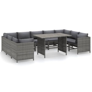 Graues 10-tlg. vidaXL Garten-Lounge-Set mit Tisch und anthrazitfarbenen Kissen aus Polyrattan.