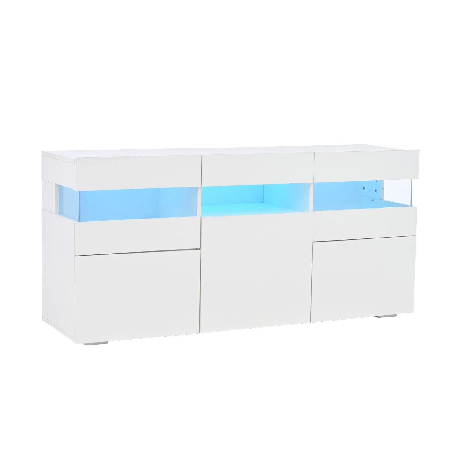 okwish Sideboard mit LED Hochglanz 3 Türen Wohnzimmer 140x40.5x66.5 cm Weiß