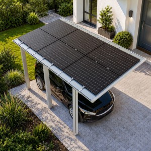Ximax Solarcarport Linea mit schwarzen Solarmodulen über einem Auto. Modernes Aluminium-Design für Fahrzeugschutz.