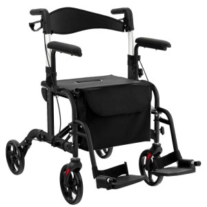 Schwarzer, faltbarer Costway Rollator mit Sitz, Rückenlehne und Tasche. Gehhilfe für Senioren.