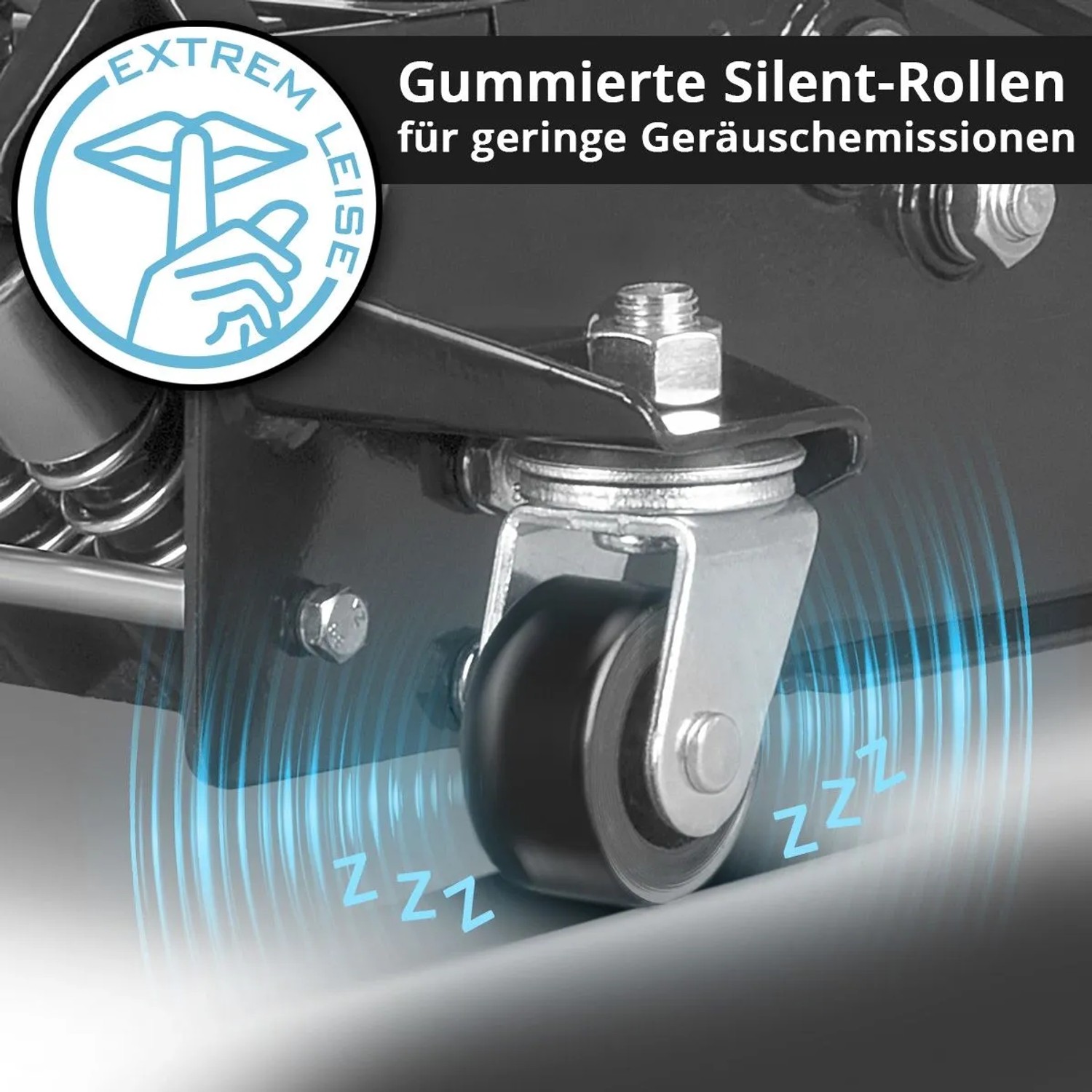 Detailaufnahme: Gummierte, geräuscharme Rolle am STAHLWERK Wagenheber WHB 73 ST für leises Rangieren.