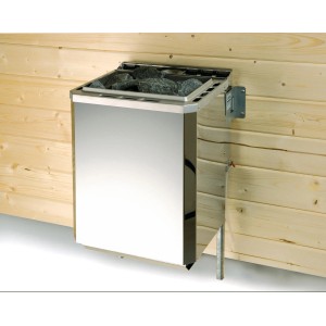 Weka Saunahaus Kaapi 4: Dampfbad-Ofen aus Edelstahl mit Saunasteinen an Holzwand.