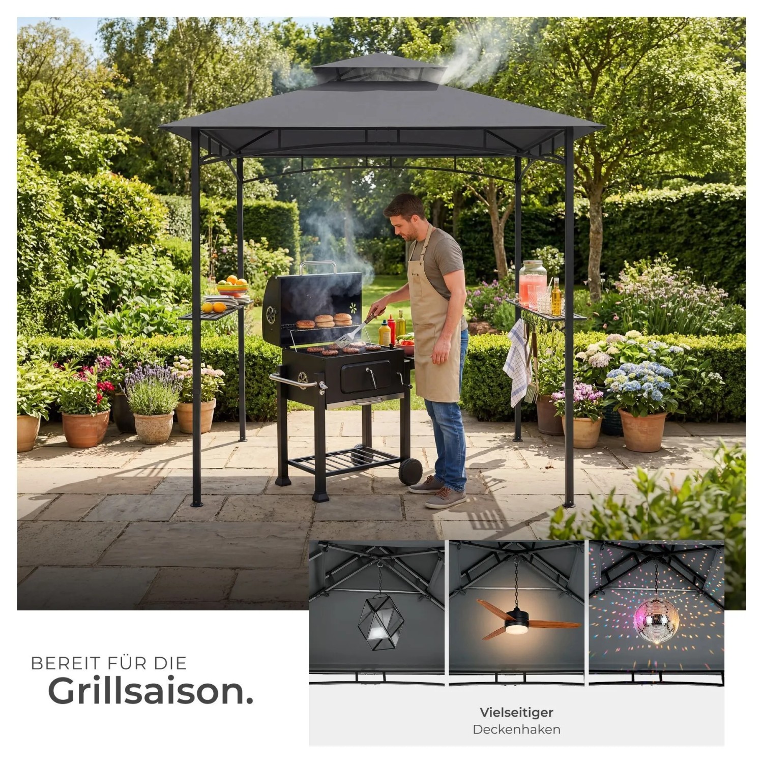 Anthrazitfarbener Grillpavillon mit Doppeldach, Grill und Person beim Grillen im Garten.
