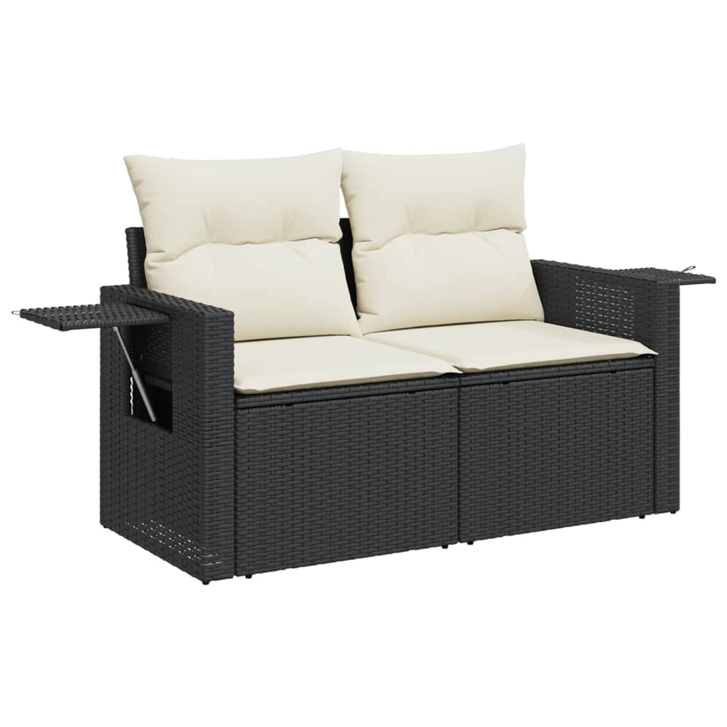 Schwarze 6-tlg. Garten-Sofagarnitur aus Poly Rattan mit cremefarbenen Kissen.
