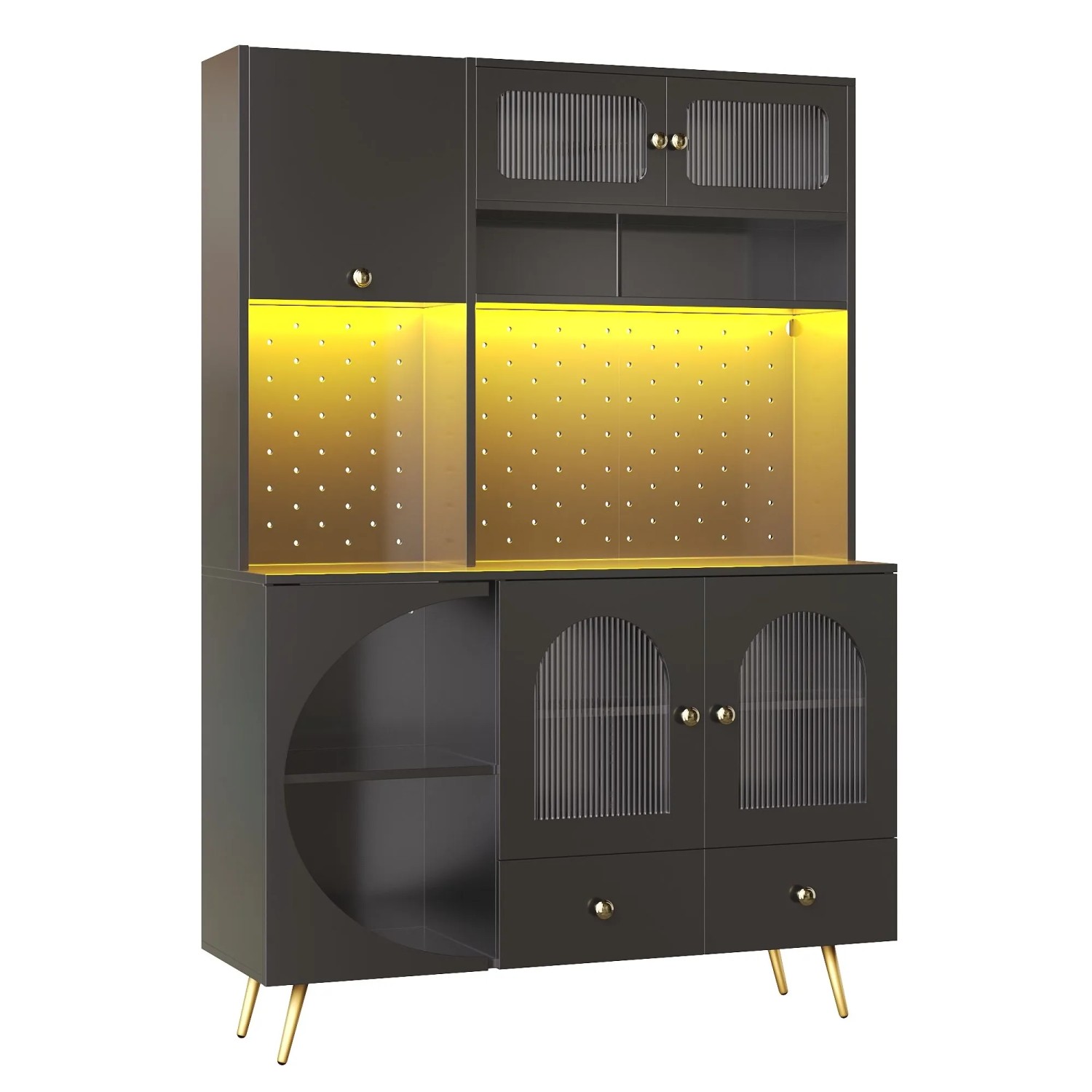 Merax Hochschrank mit LED  USB  Steckdose  Lochwand  Glasböden  Stauraum Schwarz