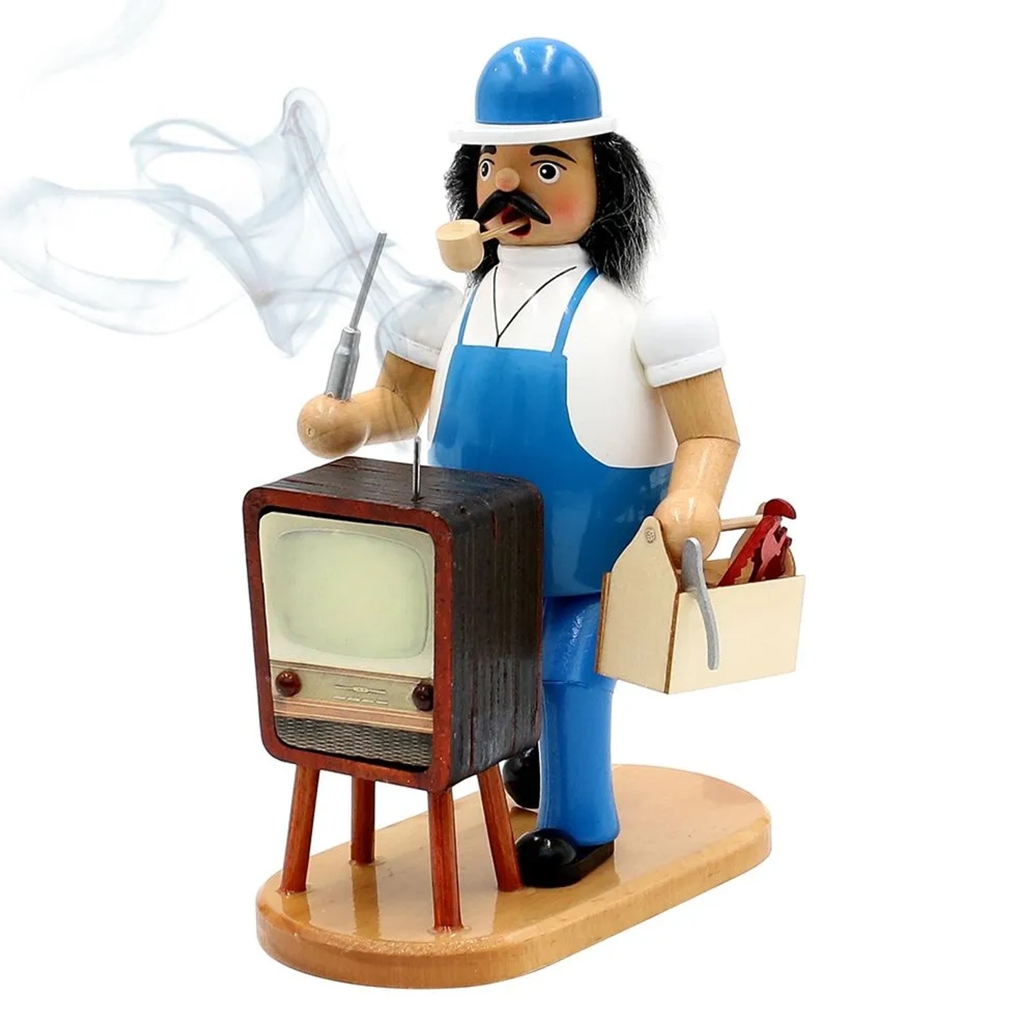 Dekohelden24 Räuchermann Waschmaschinenmonteur mit Waschmaschine Räucherfigur Weihnachtsräucherfigur Räuchergefäß Holz L/B/H 15 x 11 x 20 cm