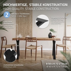 ML-Design Tischbeine (2 Stk.) in X-Form, 50x72 cm, Stahl schwarz, montiert an Esstisch.