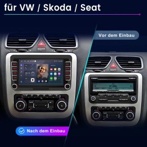 Junsun Autoradio für VW Golf: Vorher-Nachher-Vergleich des Einbaus im Armaturenbrett.
