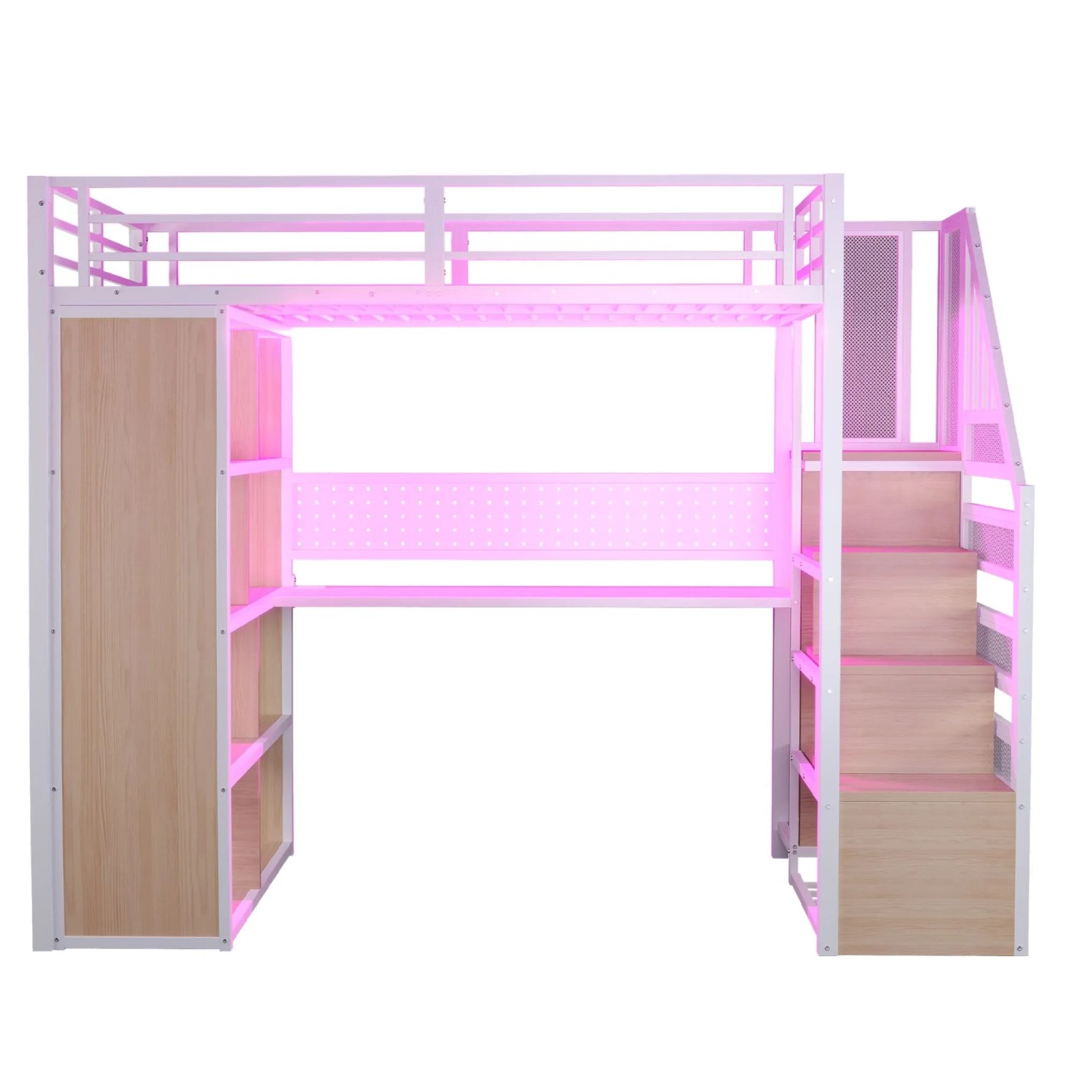 okwish Hochbett 90x200cm mit Stauschrank und LED Lichtleiste Weiß ohne Matratze