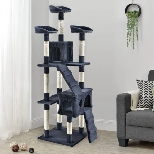 Dunkelgrauer Juskys Kratzbaum Amy mit Liegeflächen, Höhlen und Sisalstämmen.