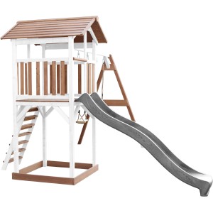 Axi Beach Tower Spielturm mit Doppelschaukel, Rutsche grau, Holz weiß/braun. Ideal für Kinder.