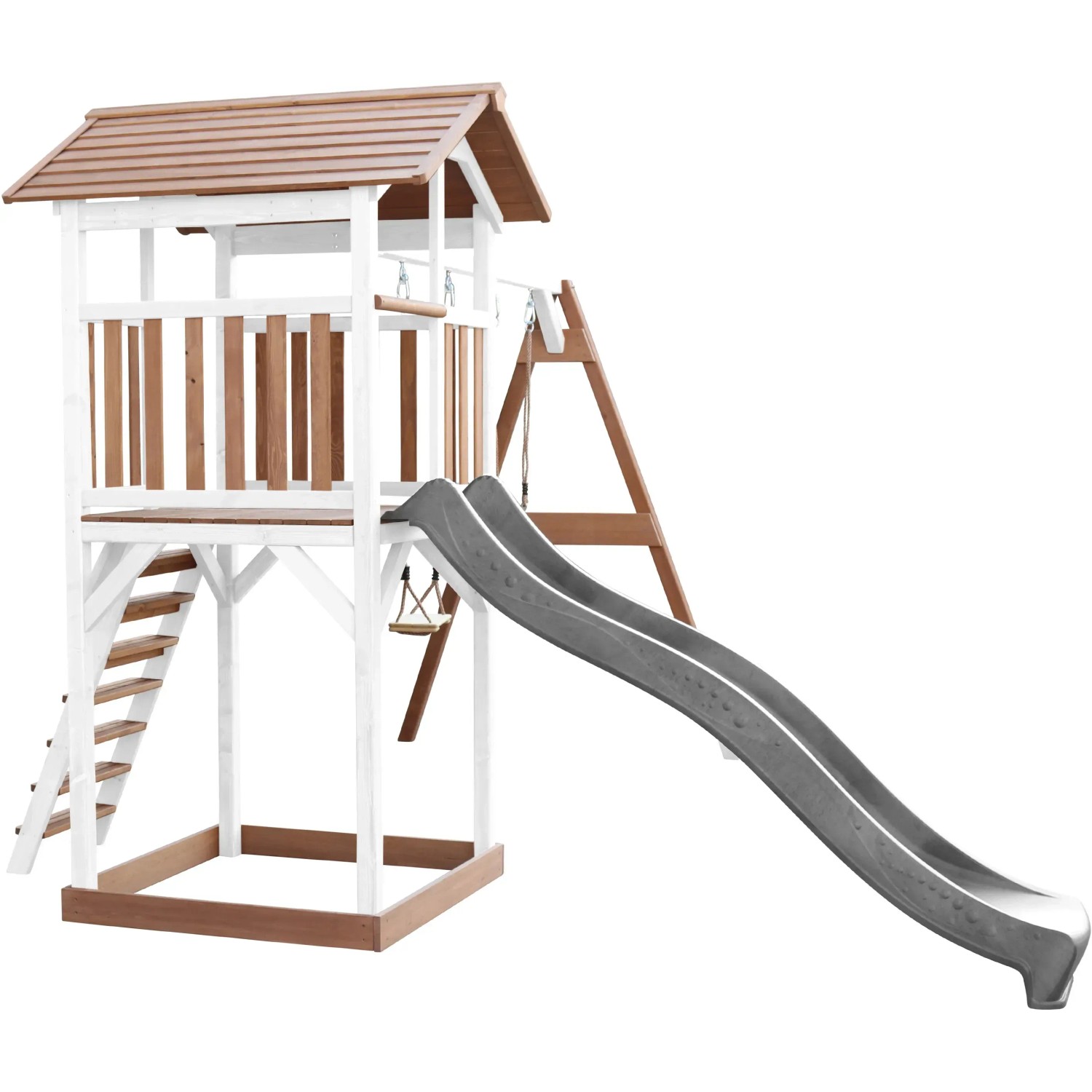 Axi Beach Tower Spielturm mit Doppelschaukel, Rutsche grau, Holz weiß/braun. Ideal für Kinder.
