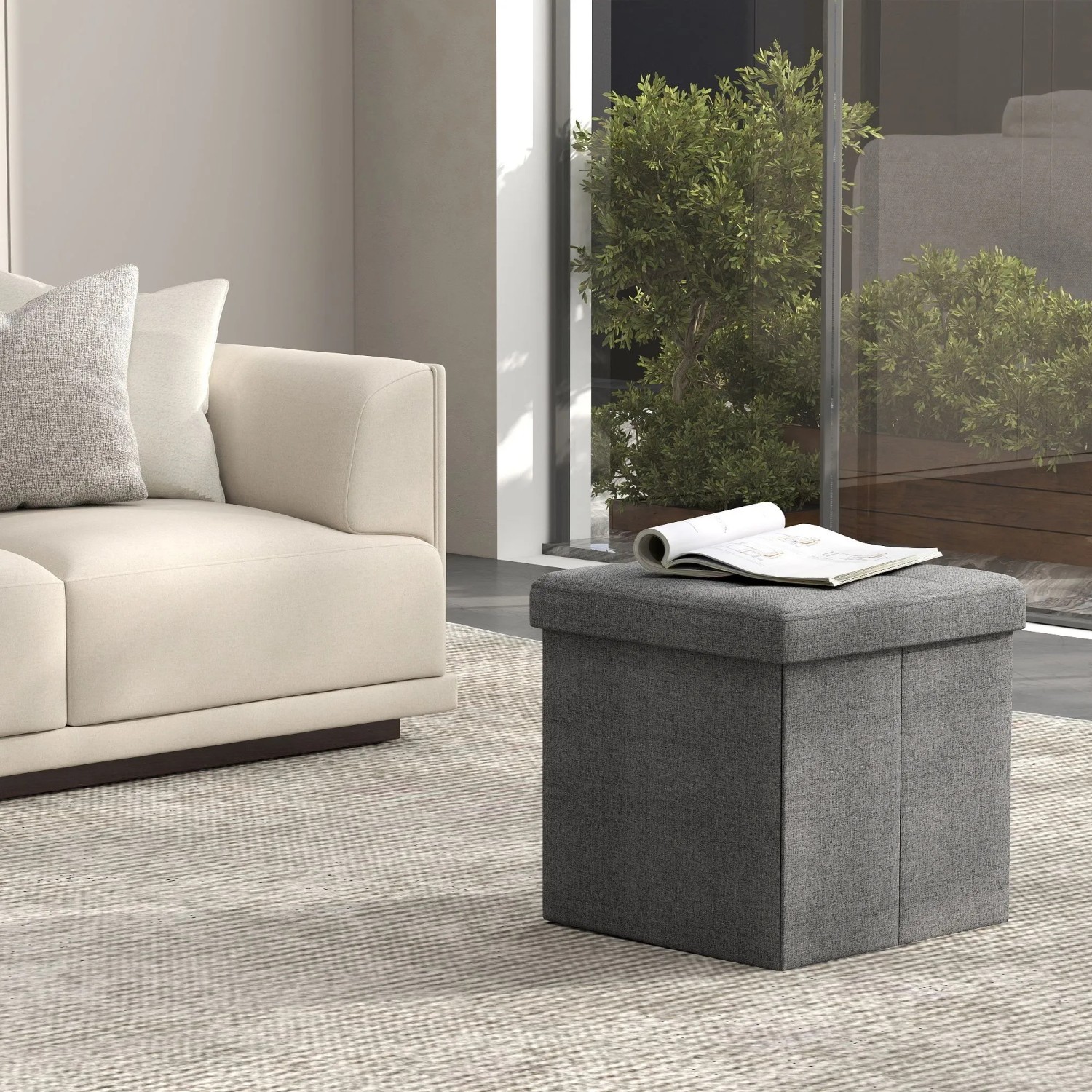 Grauer Songmics Sitzhocker Minota (30x30 cm) mit Stauraum und Leinenoptik.