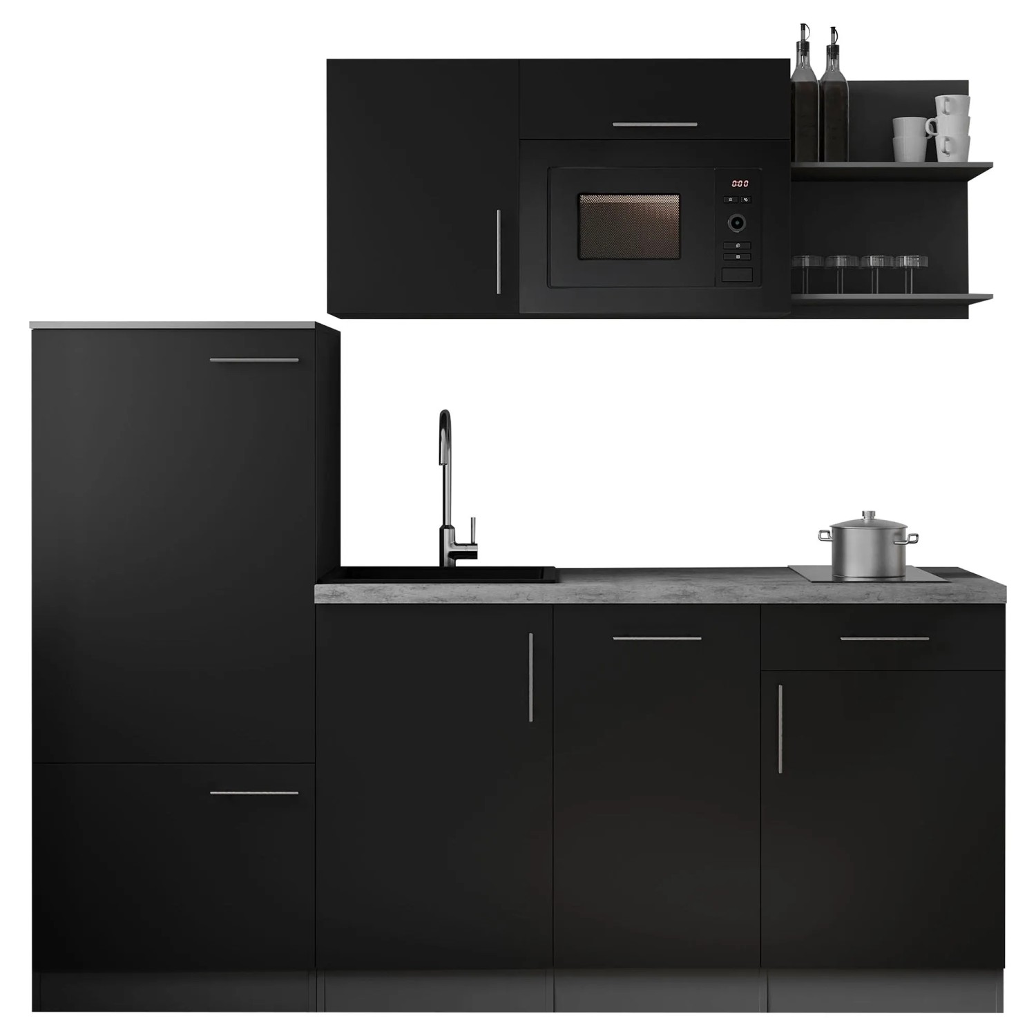 Respekta Singleküche Oliver 205 cm H 200 cm Schwarz Seidenglanz mit Mikrowelle